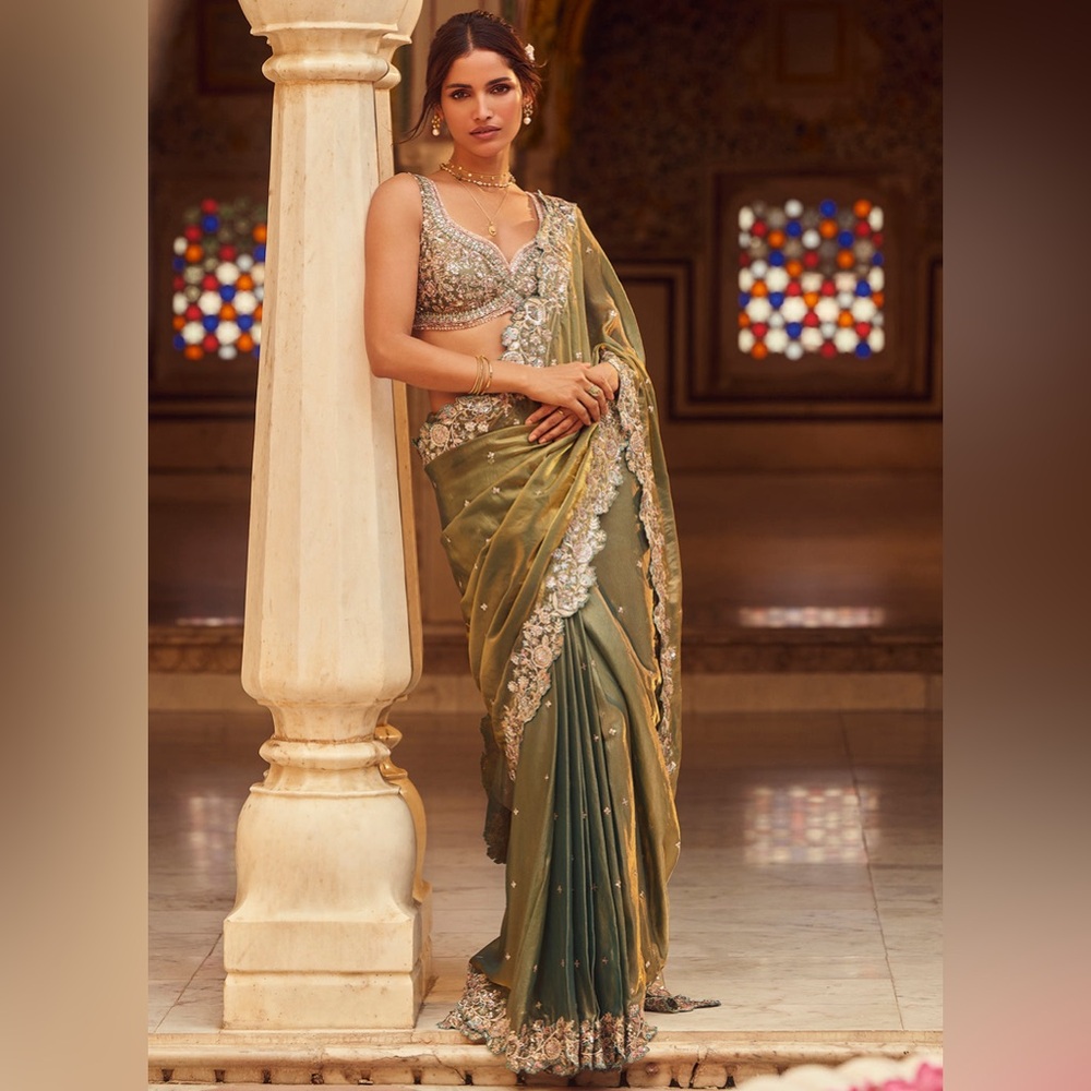 Like NEW Embellished Olive Green Saree Dress with Intricate Silver Lace
